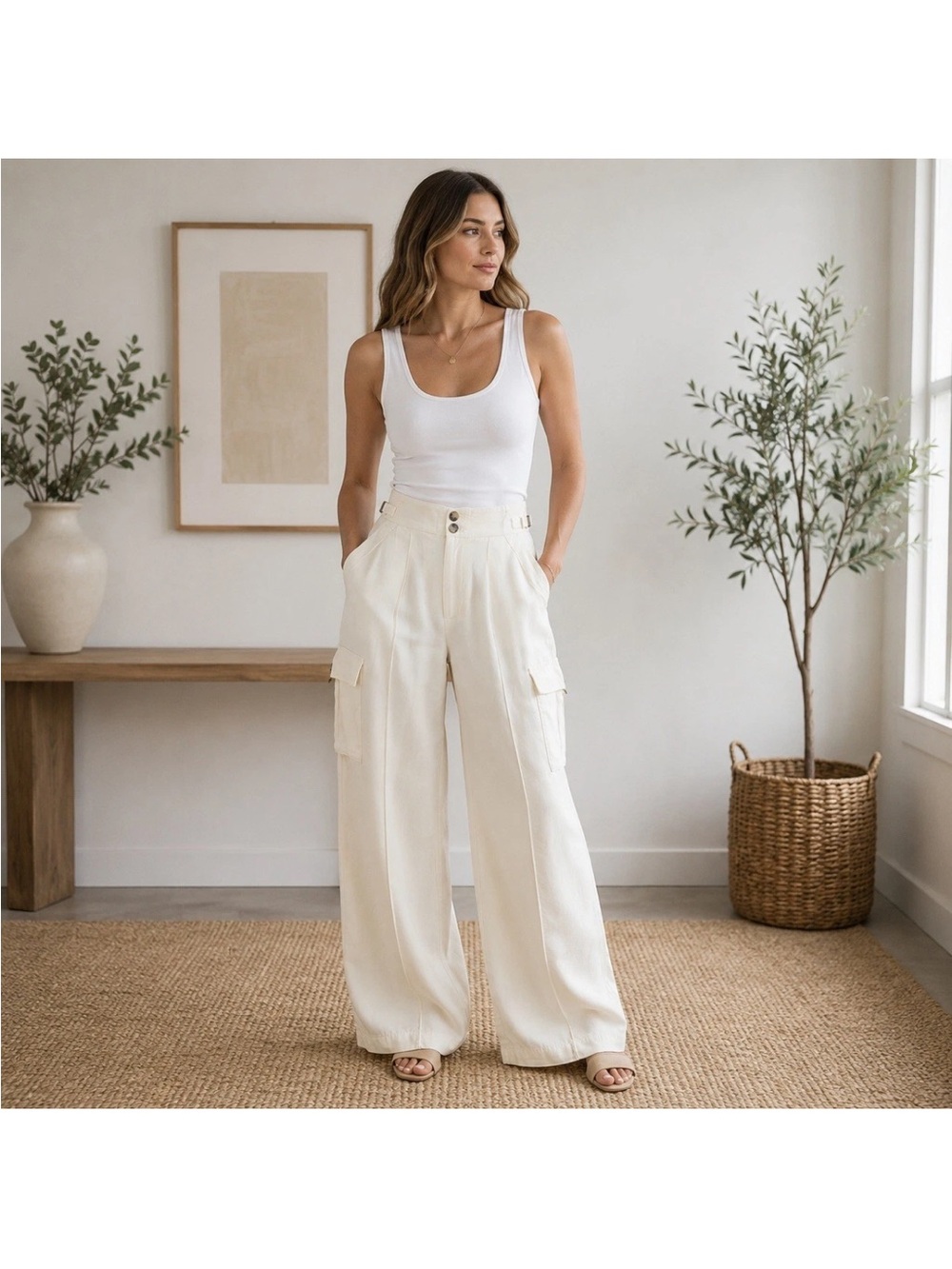 Banana Republic Cream Wide-Leg Cargo Trousers